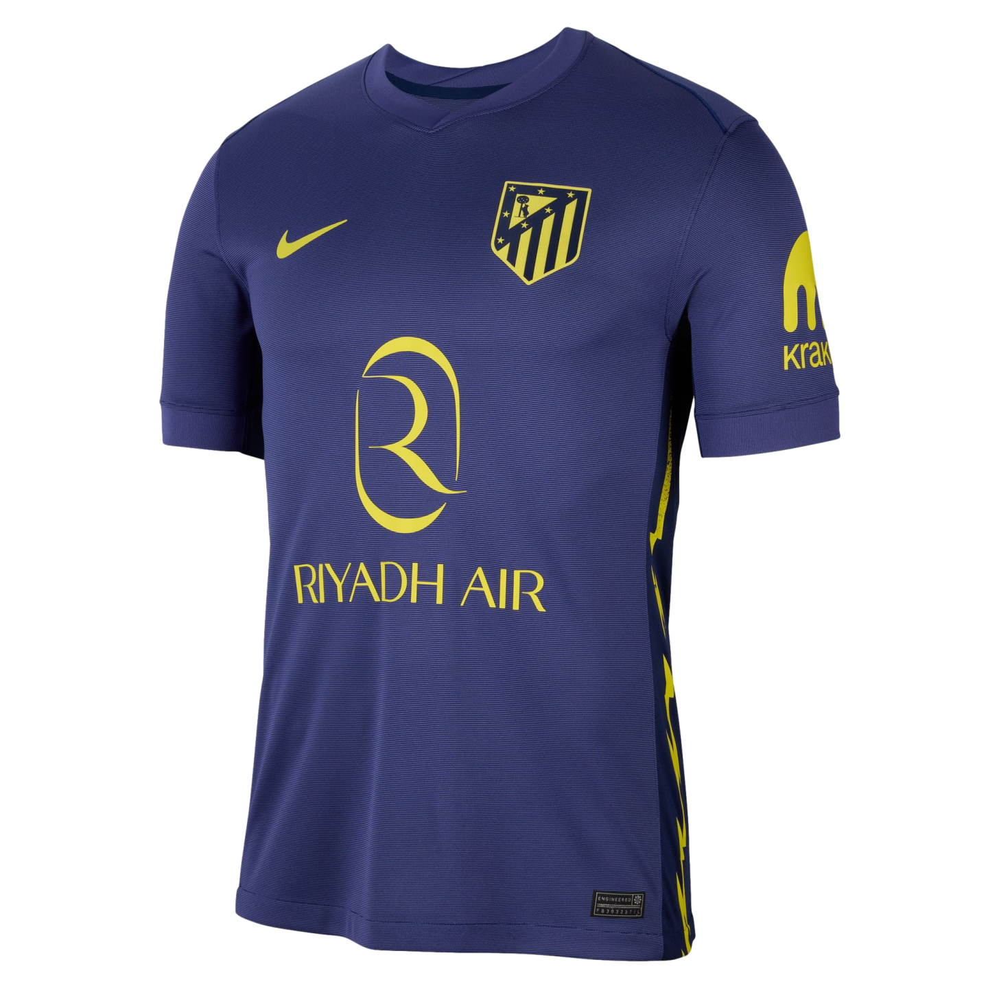A purple Atlético Madrid away soccer jersey with yellow accents, including the Nike logo, club crest, and Riyadh Air sponsor. It features side lightning bolt patterns and a textured fabric.