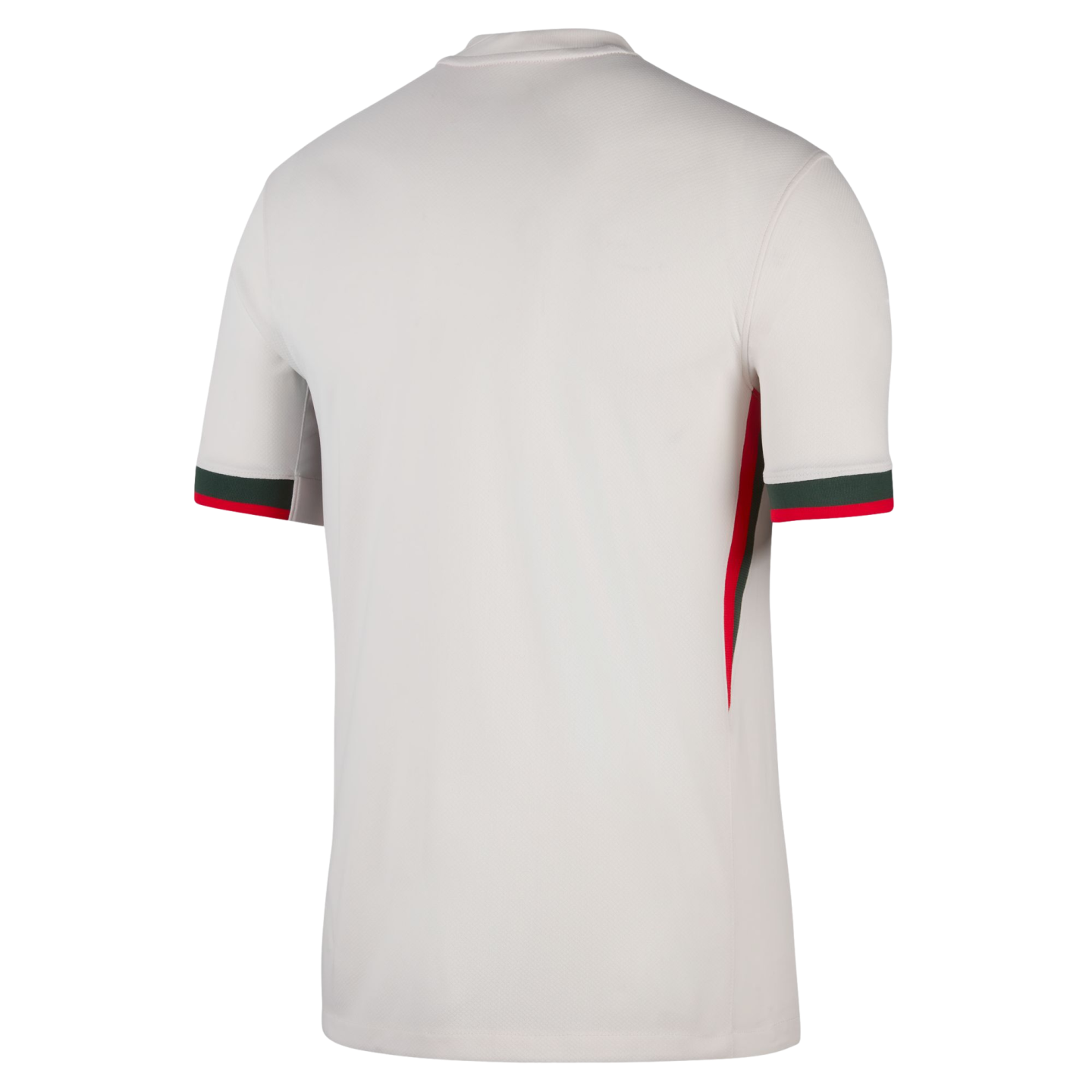 Back view of a light grey short-sleeved athletic jersey featuring green and red striped cuffs and a vertical stripe detail on the side.