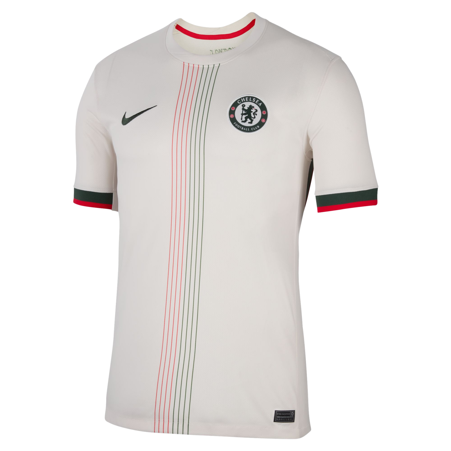 Off-white Chelsea FC Nike soccer jersey featuring vertical red and green stripes, a black swoosh, circular club crest, and matching red and green trim on the sleeve cuffs.