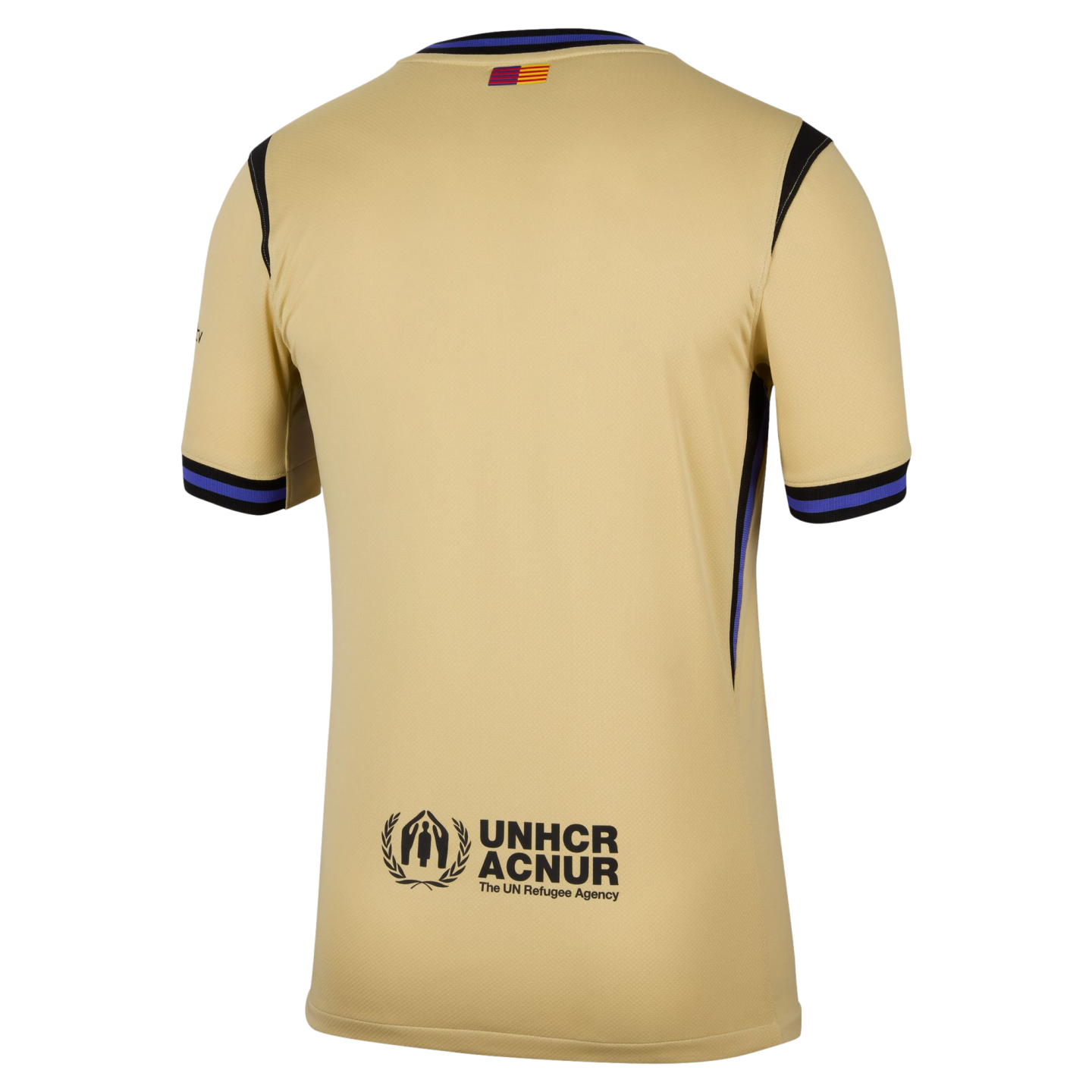 Back view of a gold sports jersey with blue and black striped trim, a small flag at the neck, and a black UNHCR ACNUR logo on the lower back.