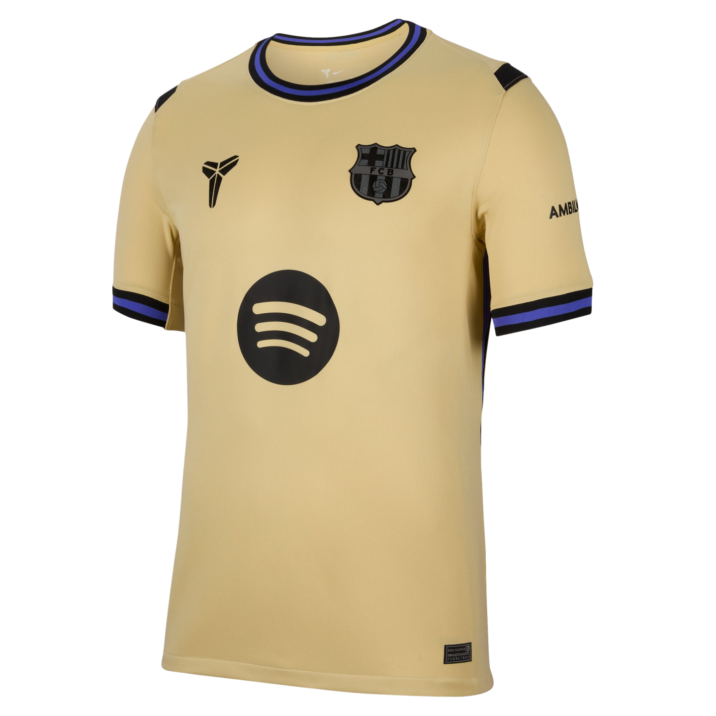 Gold FC Barcelona football jersey with black and blue trim. Features the Kobe Bryant logo, FCB crest, and a large black Spotify sponsor logo in the center.