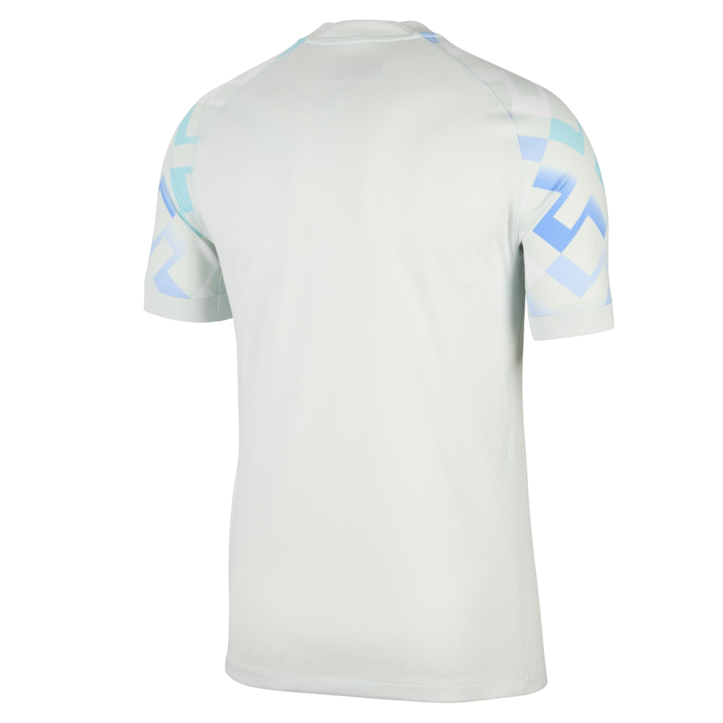 Back view of a white short-sleeved athletic shirt with blue and light blue geometric patterns on the sleeves.