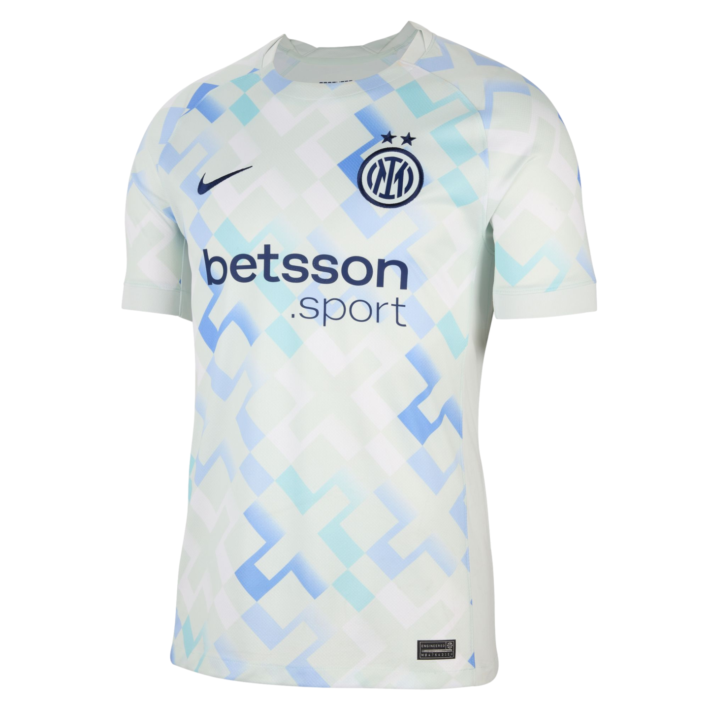 Inter Milan soccer jersey in light green with a blue pixelated geometric pattern, featuring the Nike swoosh, team crest, and betsson .sport sponsor logo.