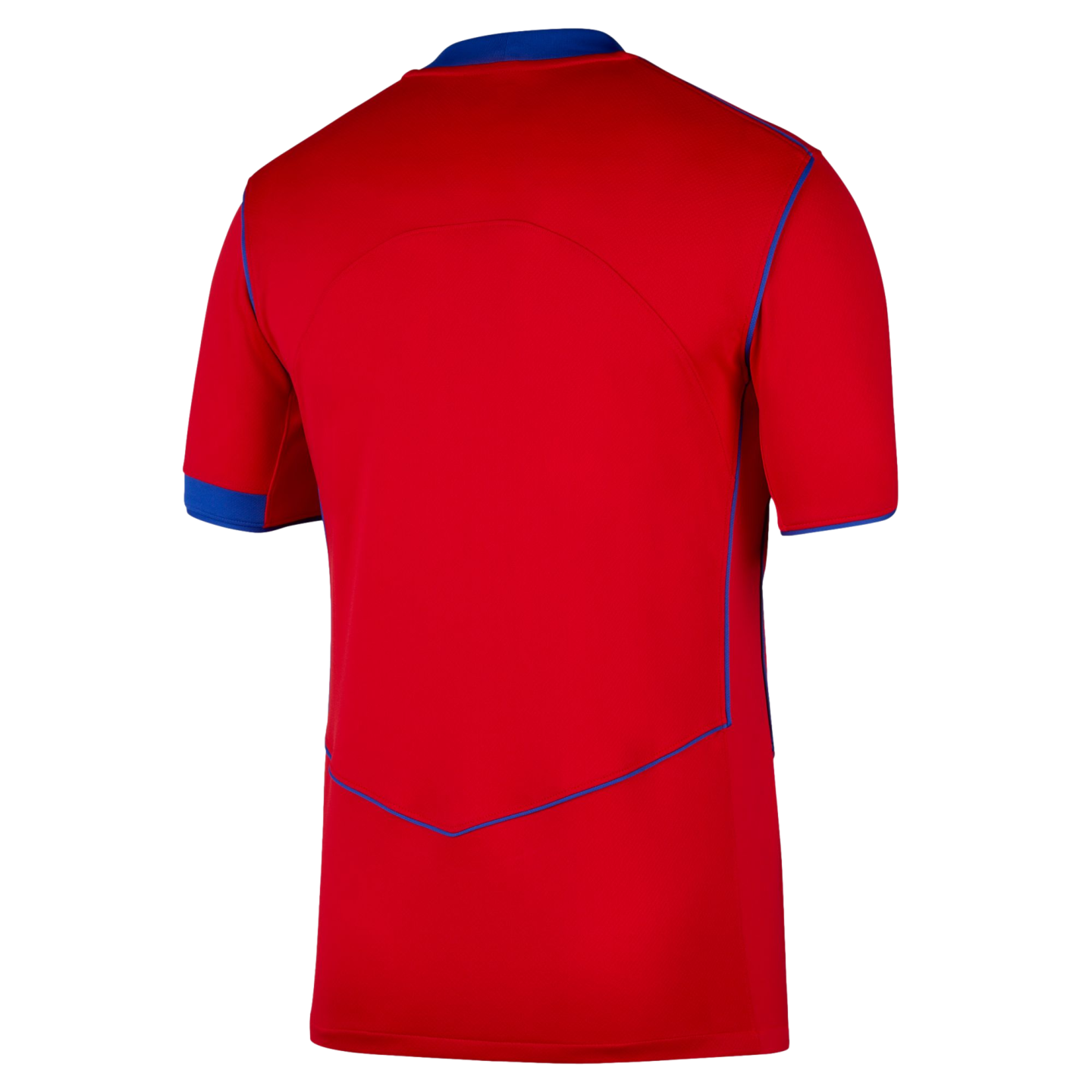 Back view of a bright red short-sleeved sports jersey featuring blue trim on the collar, sleeve cuffs, and side seams against a solid black background.