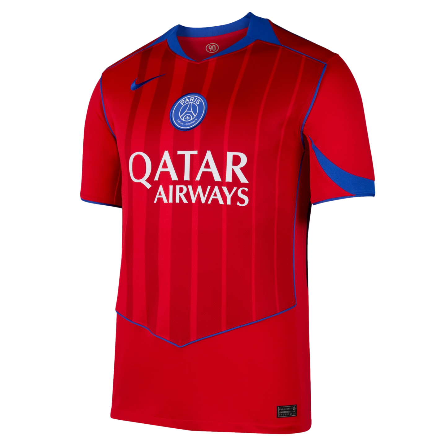 Red Nike Paris Saint-Germain soccer jersey featuring vertical tonal stripes, blue trim, a central PSG crest, and white Qatar Airways sponsor logo.