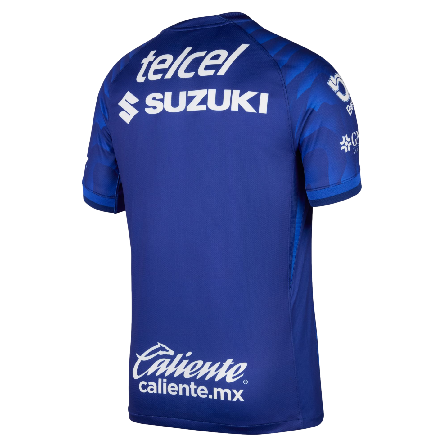 Back view of a blue soccer jersey featuring white sponsor logos for Telcel, Suzuki, and Caliente. The sleeves have a blue abstract pattern.