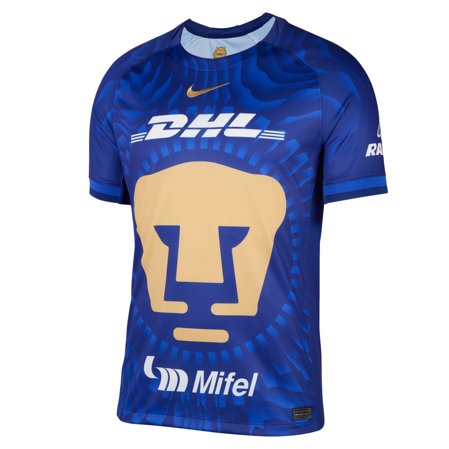 A blue Nike Pumas soccer jersey featuring a large gold puma head logo, white DHL and Mifel sponsor logos, and a gold Nike swoosh.