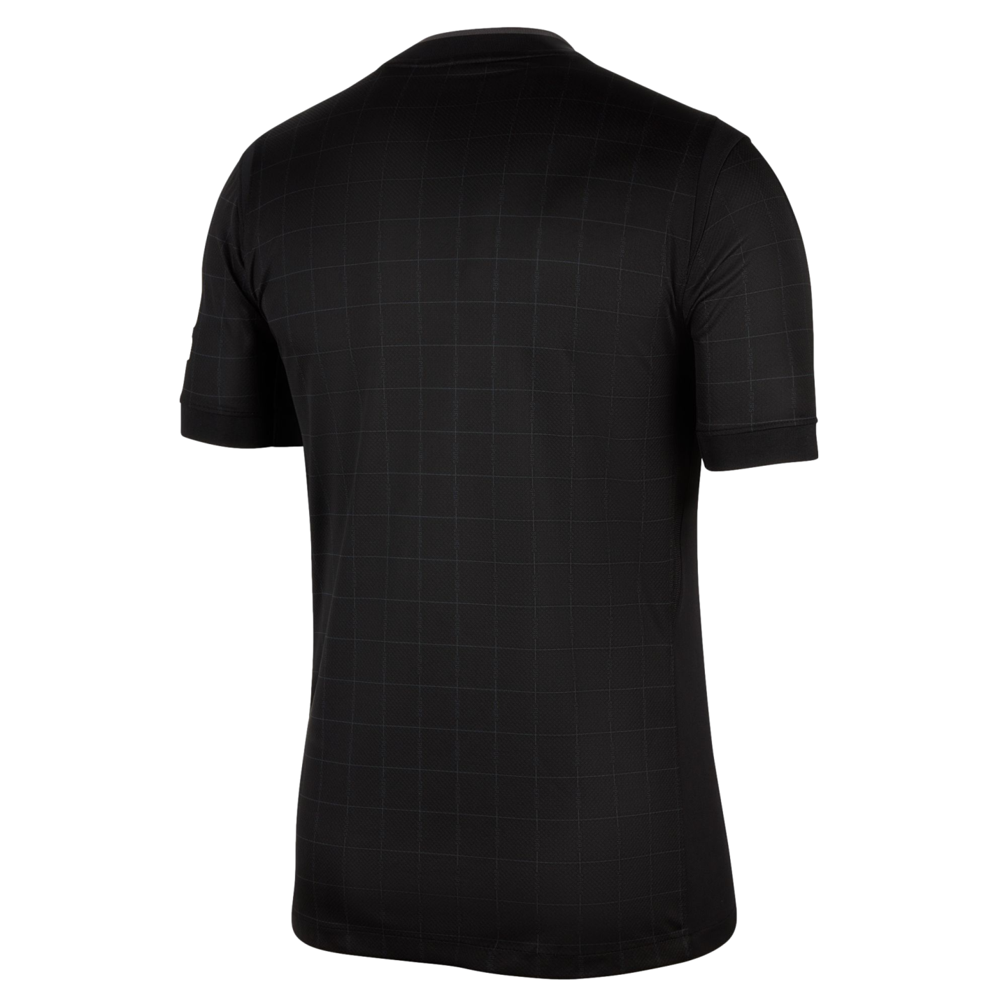 Back view of a black short-sleeved sports jersey featuring a subtle grid pattern, shown against a solid black background.