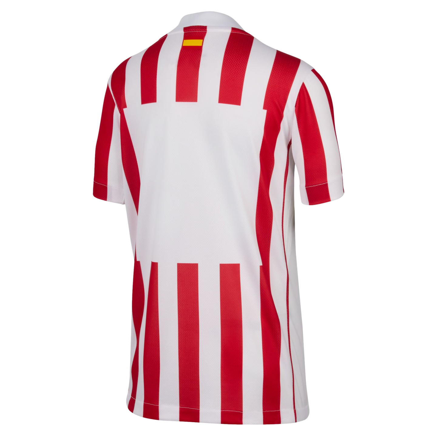 Back view of a red and white vertically striped soccer jersey with a large white square for a name and number, and a small Spanish flag on the collar.