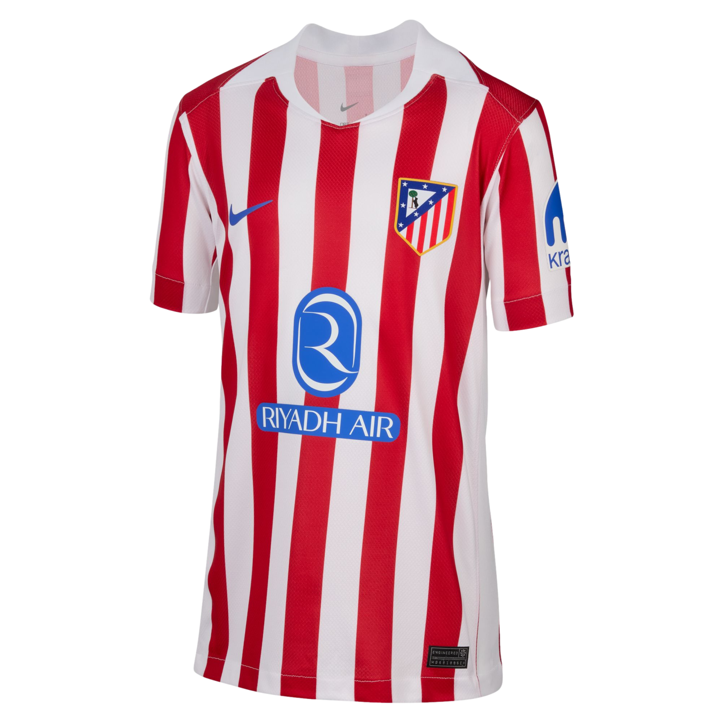 Atlético de Madrid home soccer jersey with red and white vertical stripes, featuring the club crest, Nike swoosh, and Riyadh Air sponsor logo on the front.