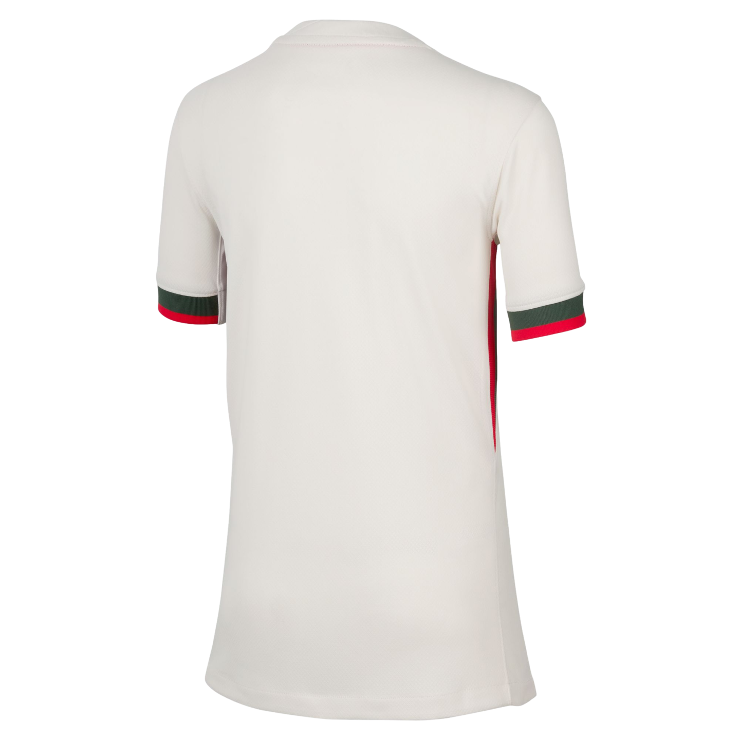 Back view of a cream short-sleeved soccer jersey with green and red striped sleeve cuffs and a red side stripe.