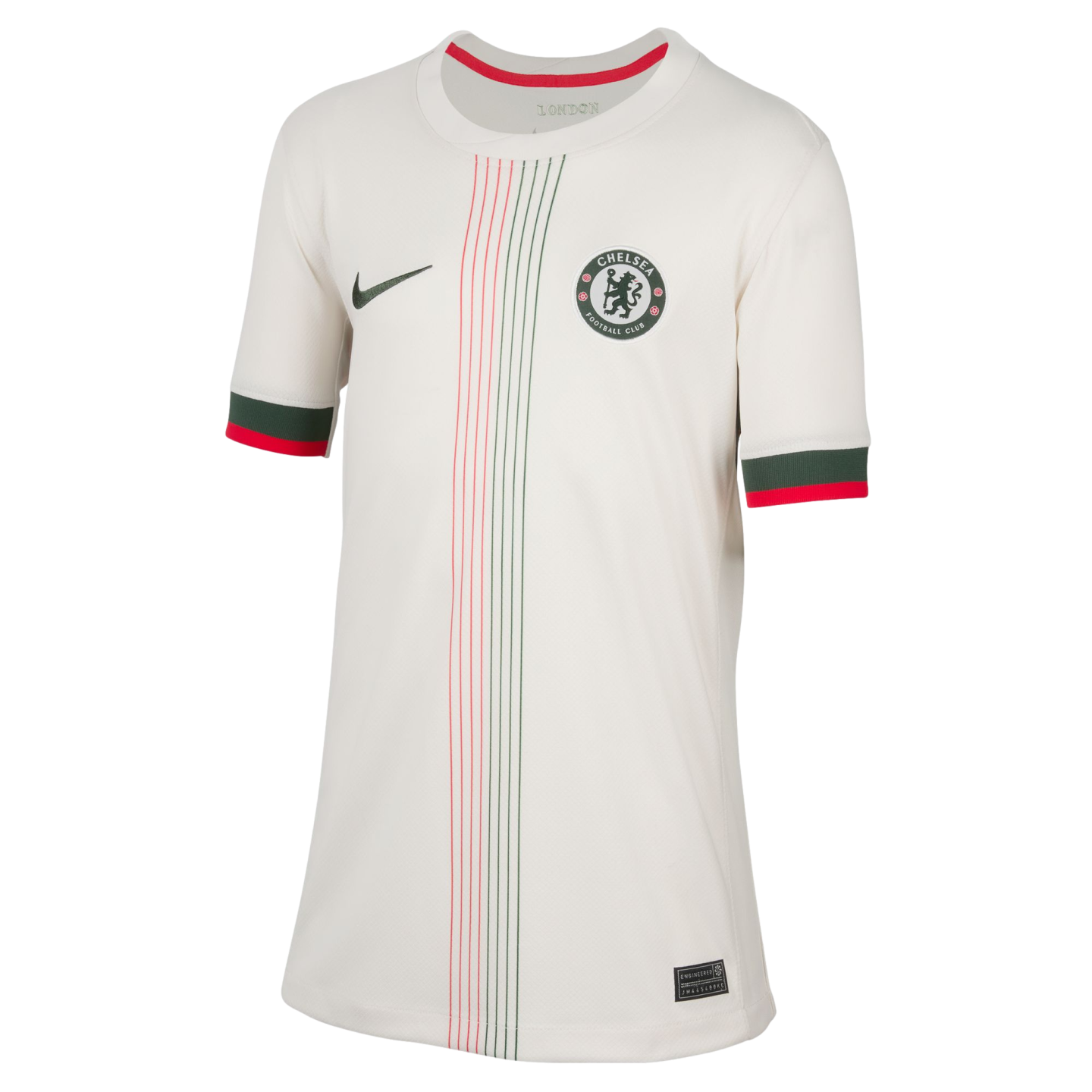 A white Nike Chelsea FC football jersey featuring vertical red and green pinstripes, the club crest, and matching sleeve cuffs.