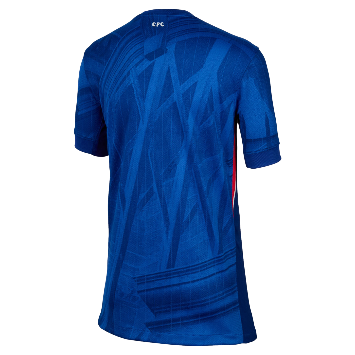 Back view of a blue soccer jersey featuring an abstract tonal graphic pattern, "CFC" on the back neck, and a red and white side stripe.