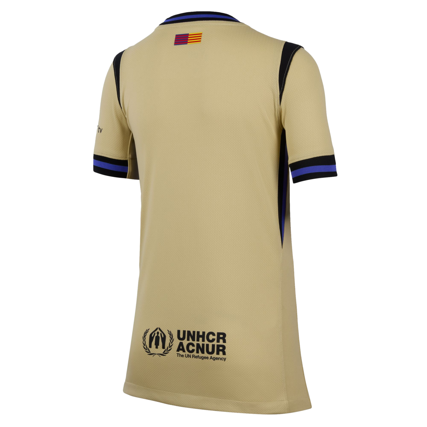 Back view of a gold soccer jersey with black and blue trim, a small red and yellow flag at the neck, and the UNHCR ACNUR logo at the bottom.