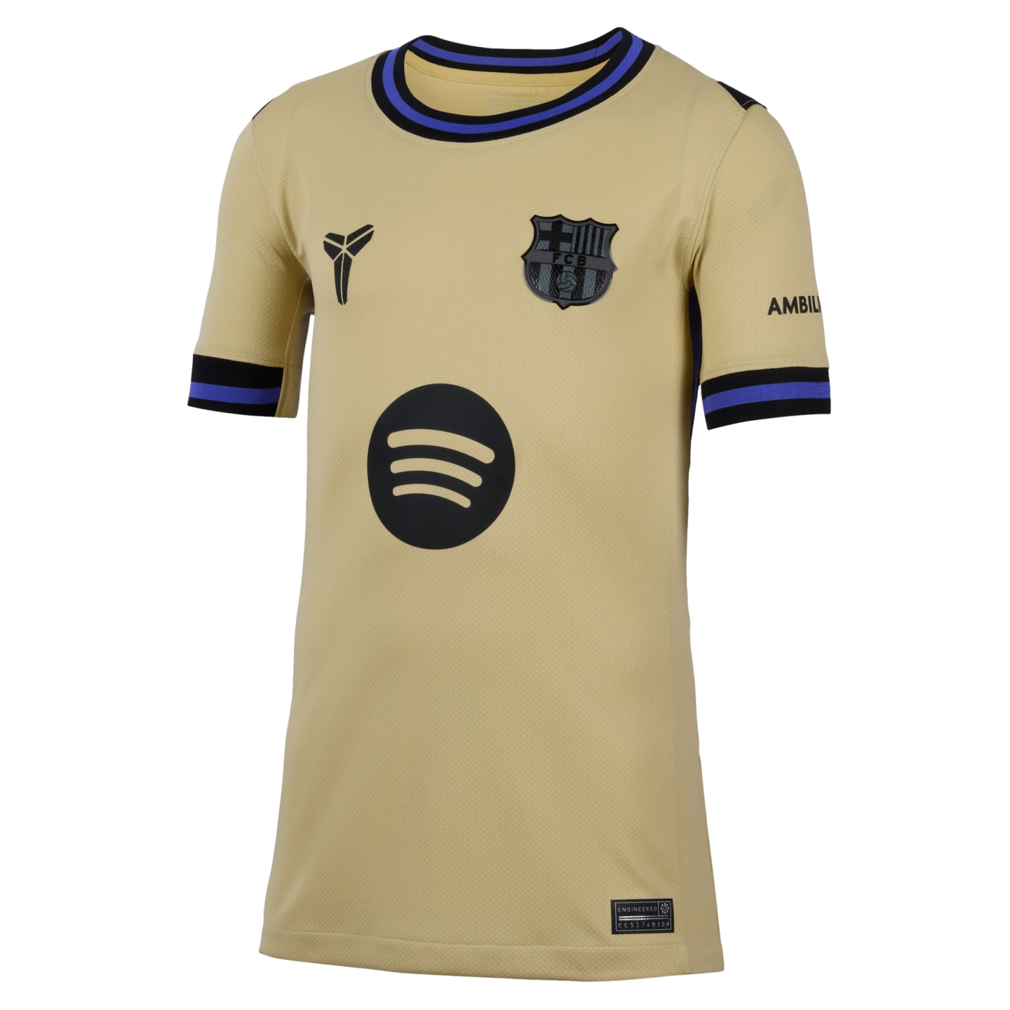 Gold FC Barcelona soccer jersey with black and blue trim, featuring the Kobe Mamba logo, the FCB crest, and a black Spotify logo.