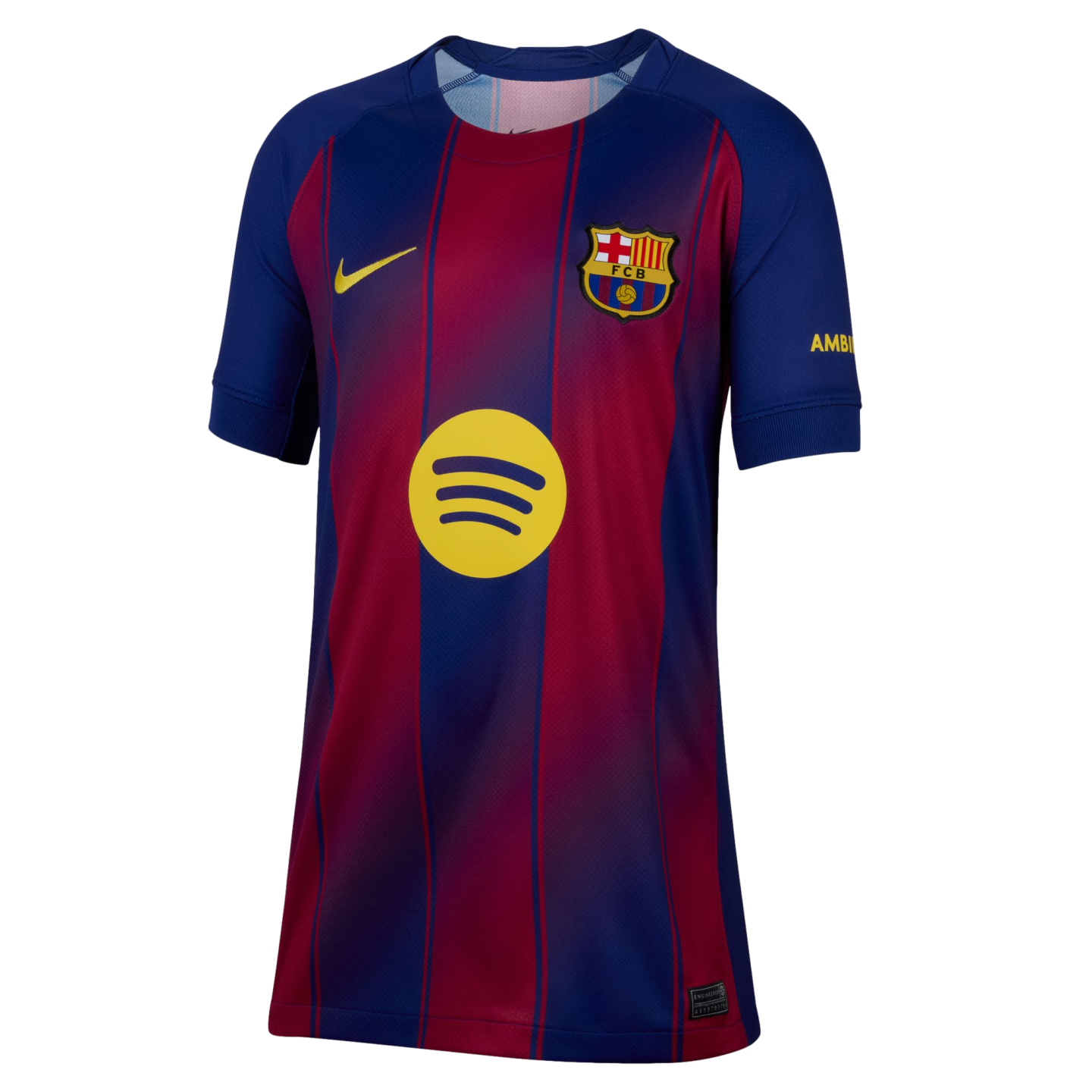 Nike FC Barcelona home soccer jersey with maroon and navy blue vertical stripes, a yellow Spotify logo in the center, and the club crest on the chest.