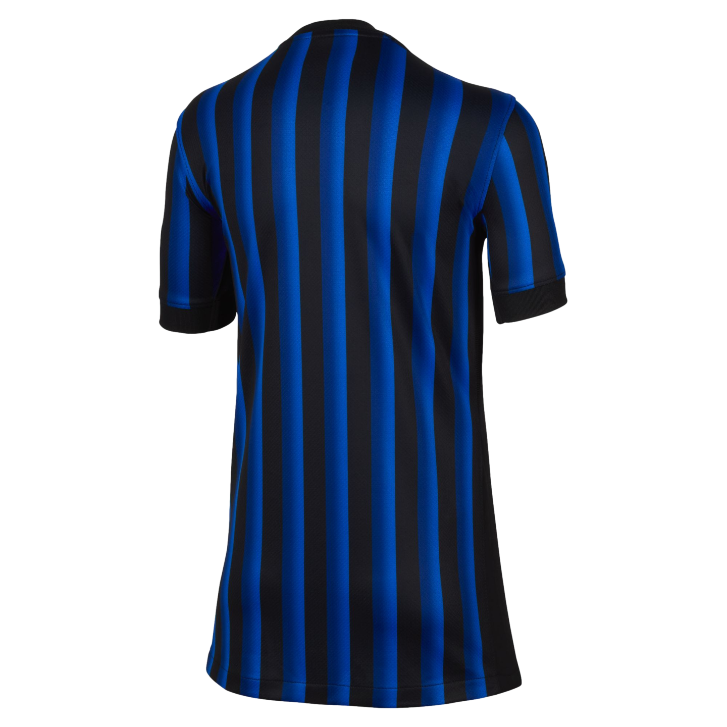 Back view of a blue and black vertically striped short-sleeved jersey with black cuffs against a white background.