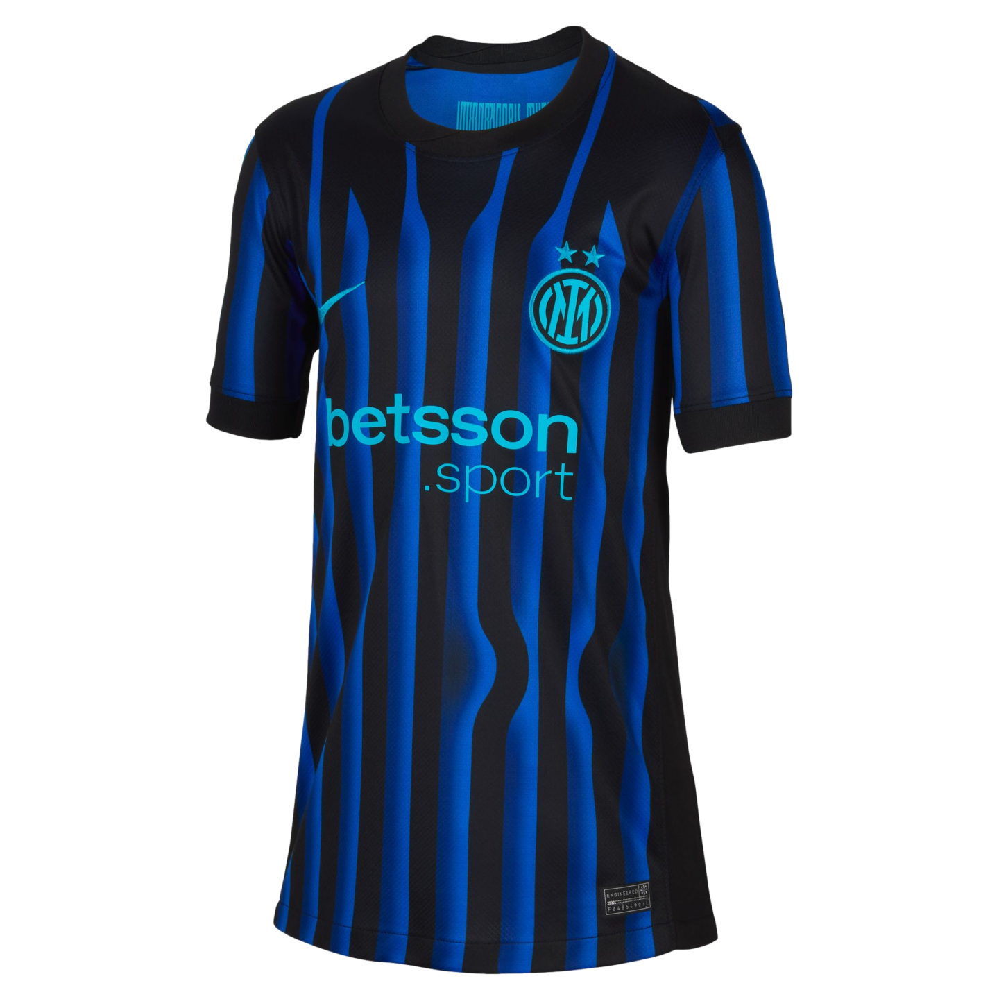 Inter Milan soccer jersey with blue and black vertical stripes, a wavy pattern, teal club crest with two stars, and the "betsson .sport" sponsor logo.
