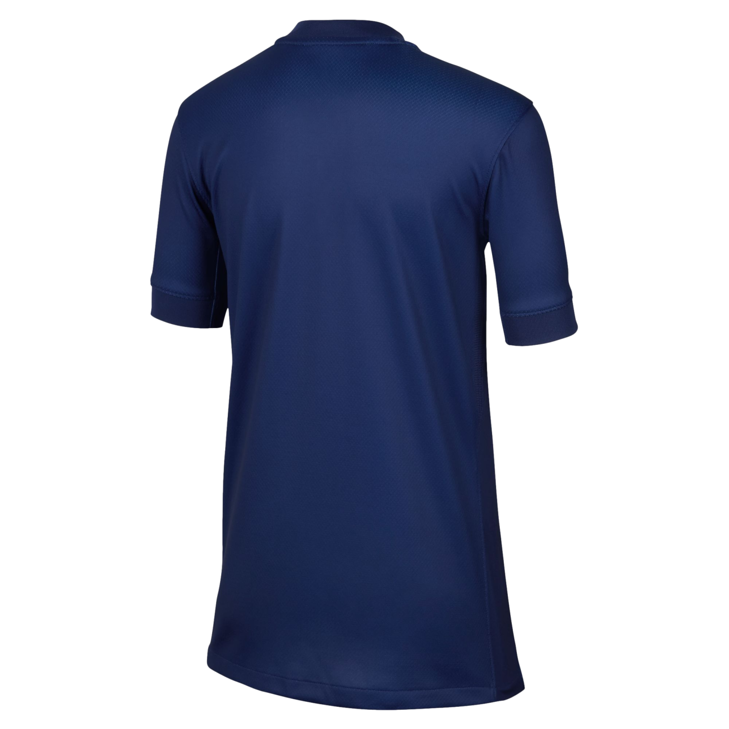 The back of a navy blue short-sleeved athletic jersey with a ribbed collar and textured fabric.