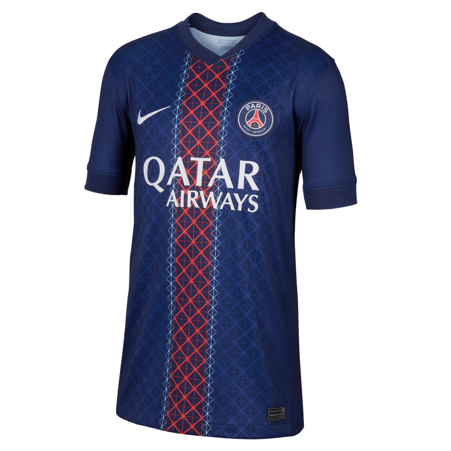 A dark blue Paris Saint-Germain soccer jersey featuring a central red patterned vertical stripe, white Nike logo, club crest, and "QATAR AIRWAYS" sponsor.