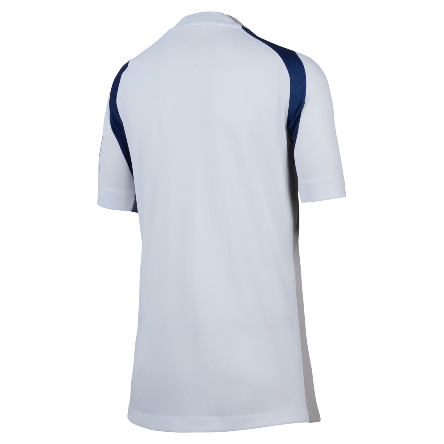 Rear view of a white short-sleeved athletic jersey featuring navy blue shoulder panels and gray side detailing.