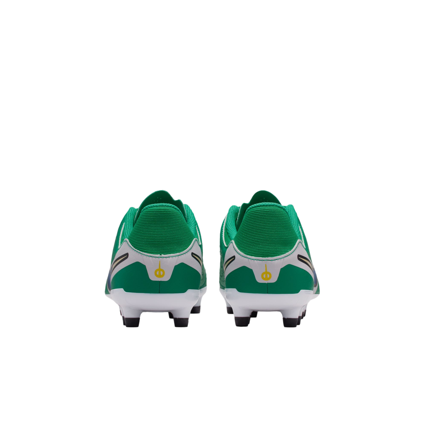 Rear view of a pair of green and white soccer cleats with black studs and small yellow logos on the heels, set against a plain white background.