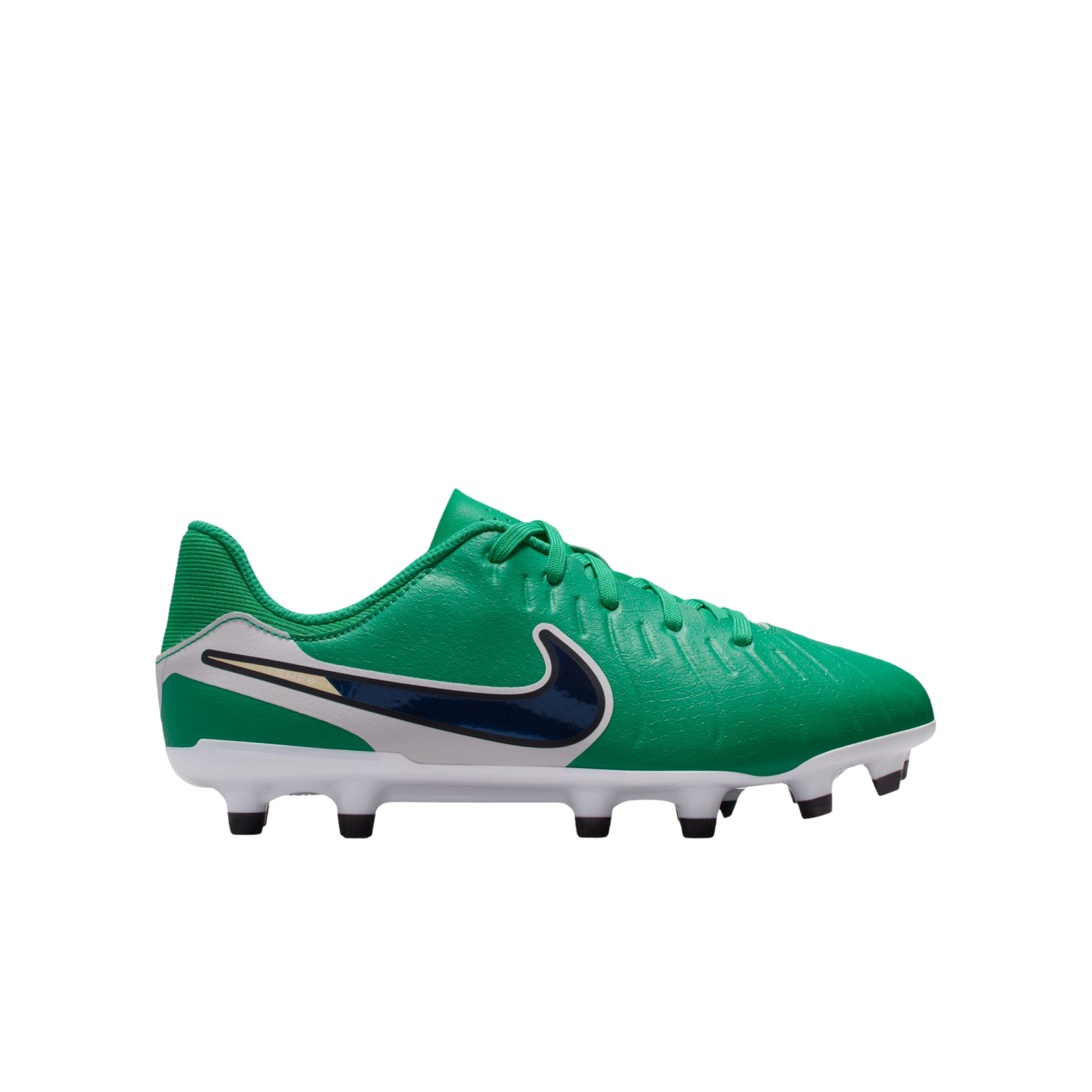 Side profile of a vibrant green Nike soccer cleat with a white sole and dark blue swoosh.