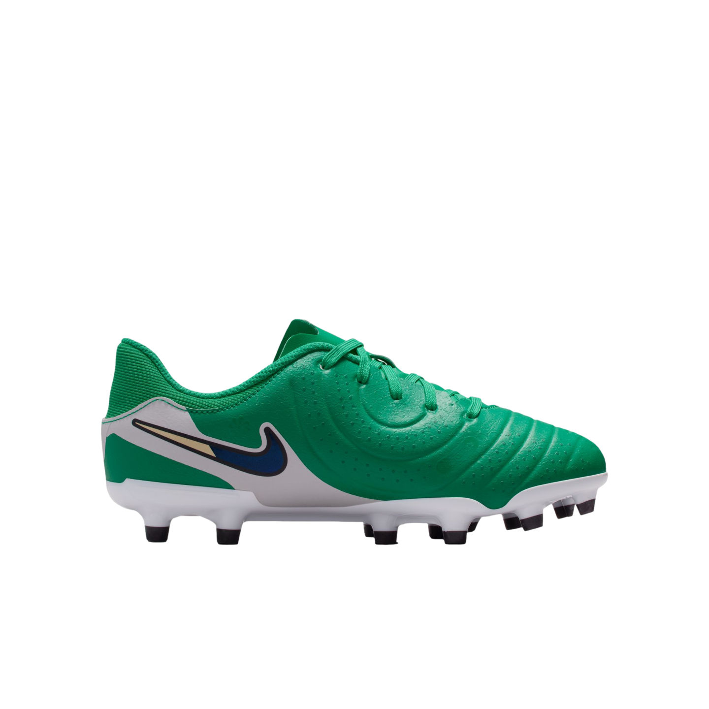 A side profile of a green and white Nike soccer cleat with a blue and gold swoosh, isolated on a white background.