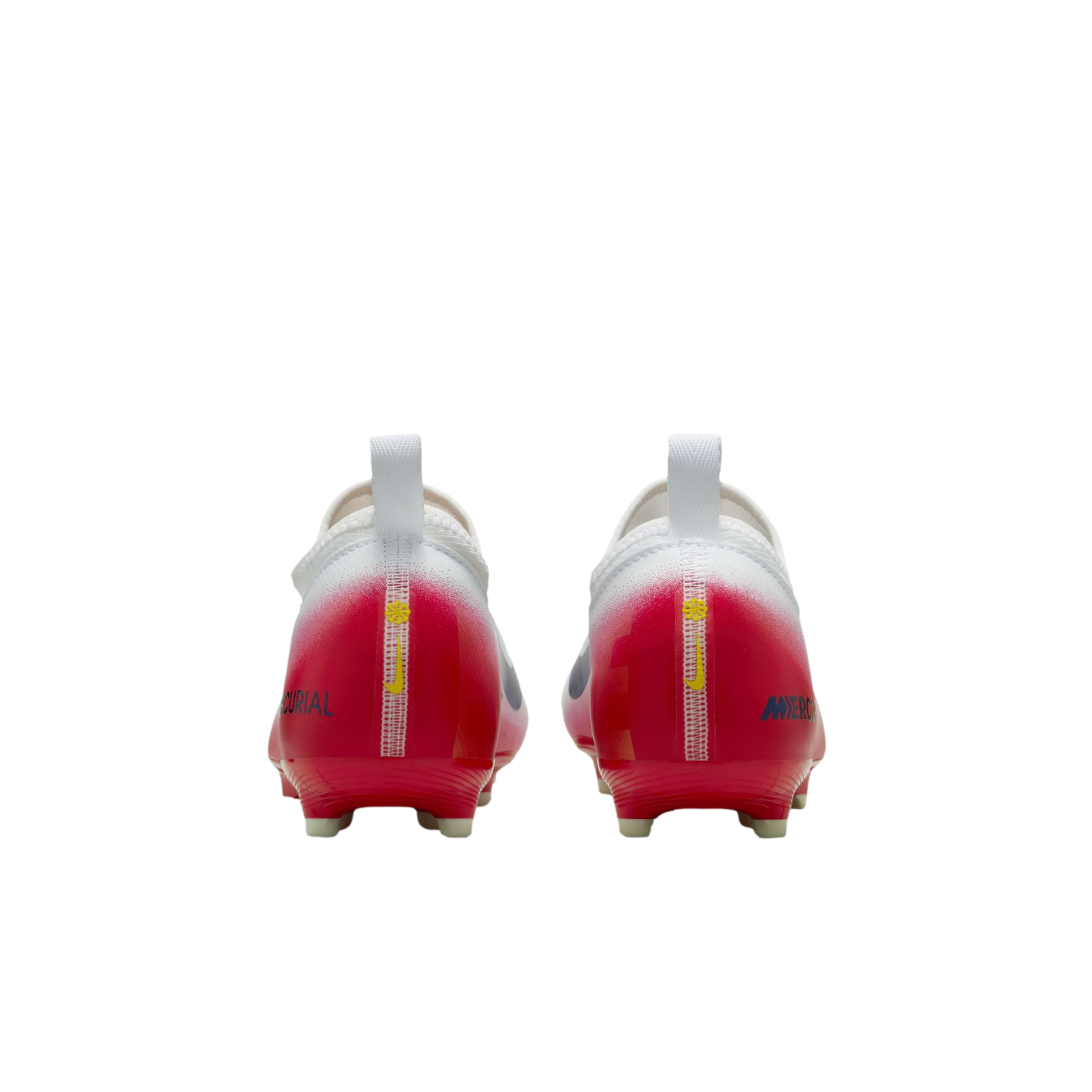 Rear view of a pair of Nike Mercurial soccer cleats with a white-to-red gradient and yellow heel logos, shown against a black background.