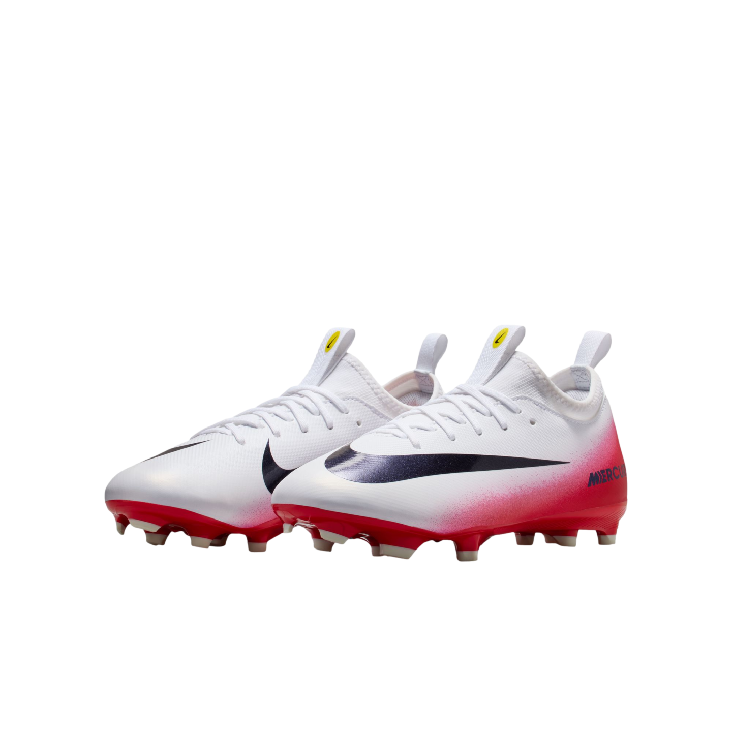 A pair of Nike Mercurial soccer cleats featuring a white upper with a red gradient heel, large black Swoosh, and red studded soleplate.