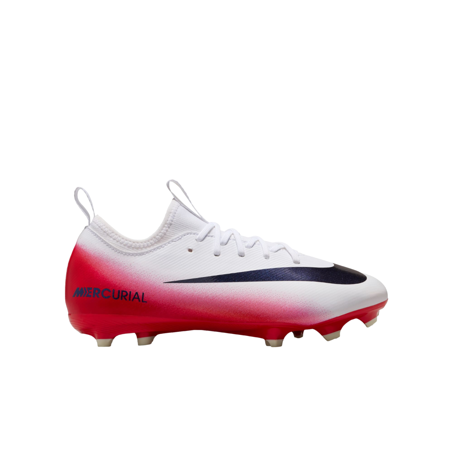 Side view of a Nike Mercurial soccer cleat with a white upper and pink gradient bottom, featuring a large dark blue swoosh and white laces, isolated on a black background.