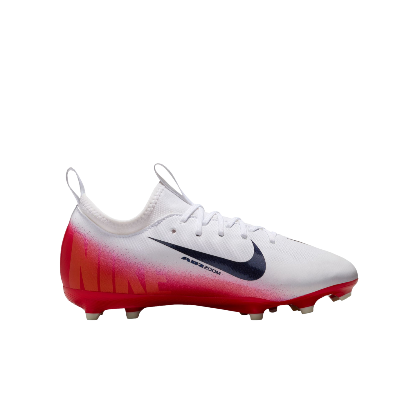 A white Nike Air Zoom soccer cleat with a red gradient heel and a black swoosh, set against a black background.