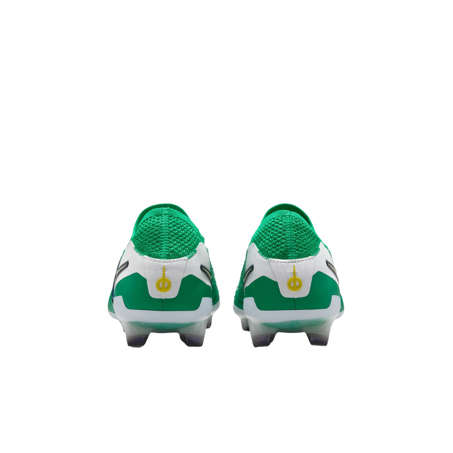 Back view of a pair of green and white Nike Phantom football boots featuring a yellow logo on the heel against a plain white background.