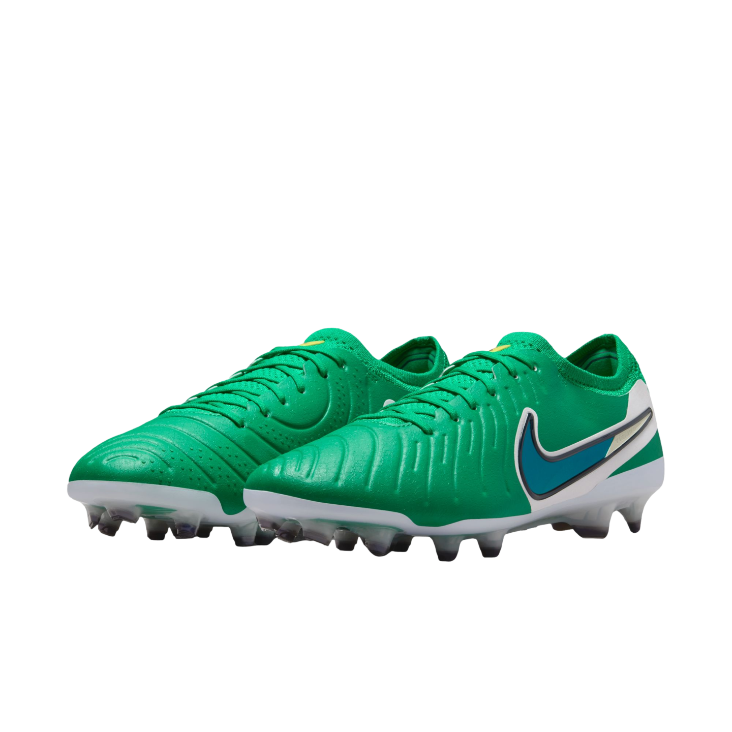 Pair of green Nike soccer cleats with a textured upper, white and blue swoosh logo, and clear studs on a white background.