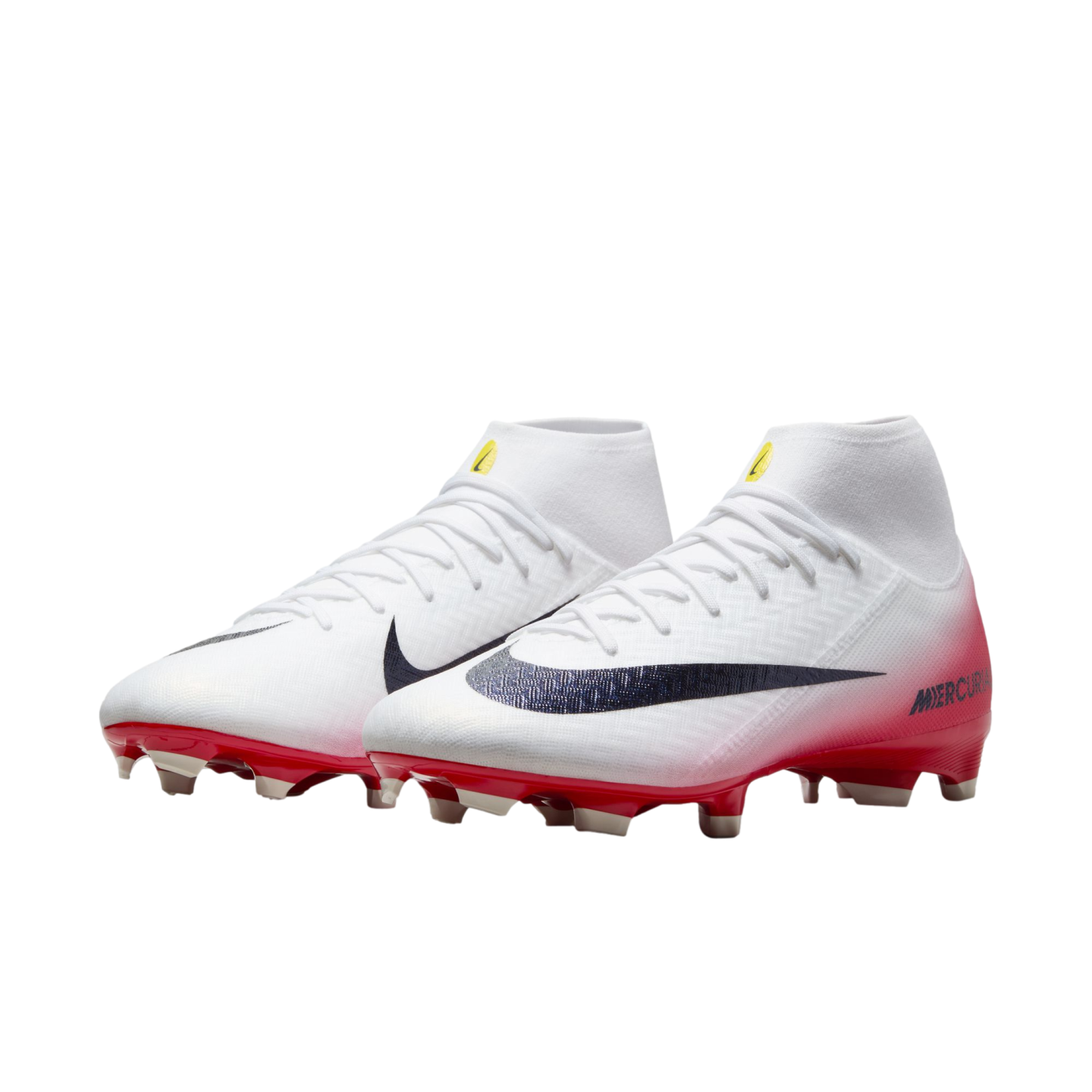 Pair of white Nike Mercurial football boots with red gradient details and black swooshes, set against a black background.