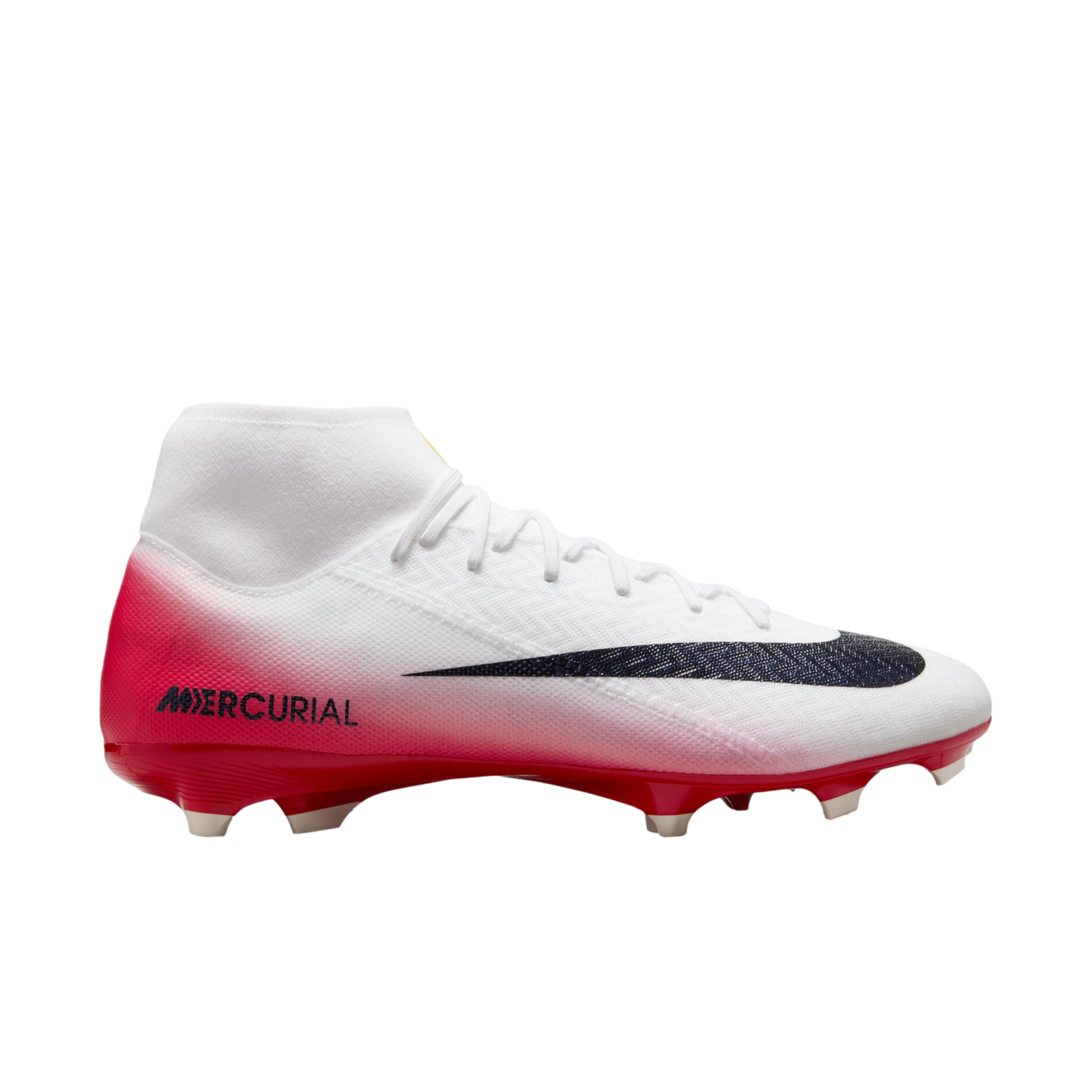 White Nike Mercurial soccer cleat with a red gradient heel and sole, black swoosh logo, and white sock-like ankle collar, shown from a side profile against a black background.