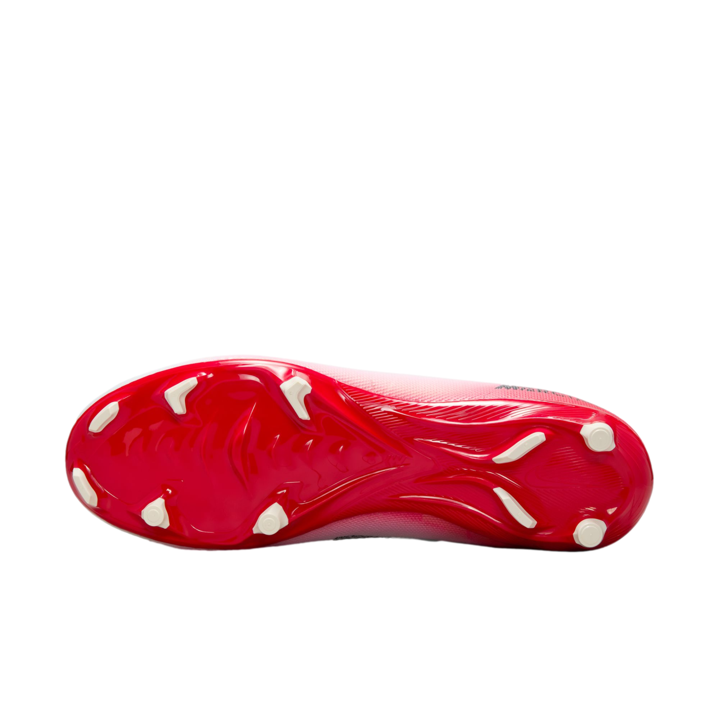 Bottom view of a red soccer cleat with white studs, displayed against a solid black background.