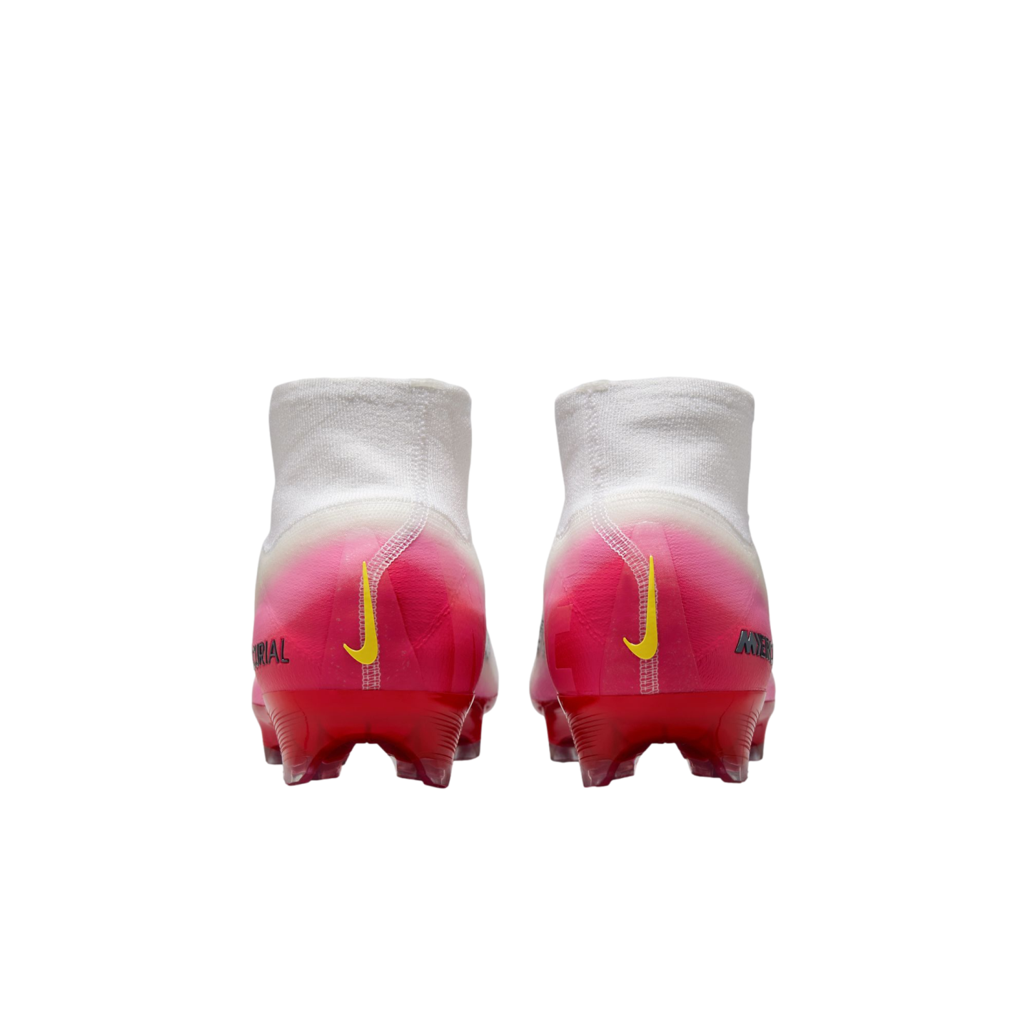 Back view of Nike Mercurial soccer cleats with white collars and a pink-to-red gradient heel, accented by yellow swooshes on a black background.