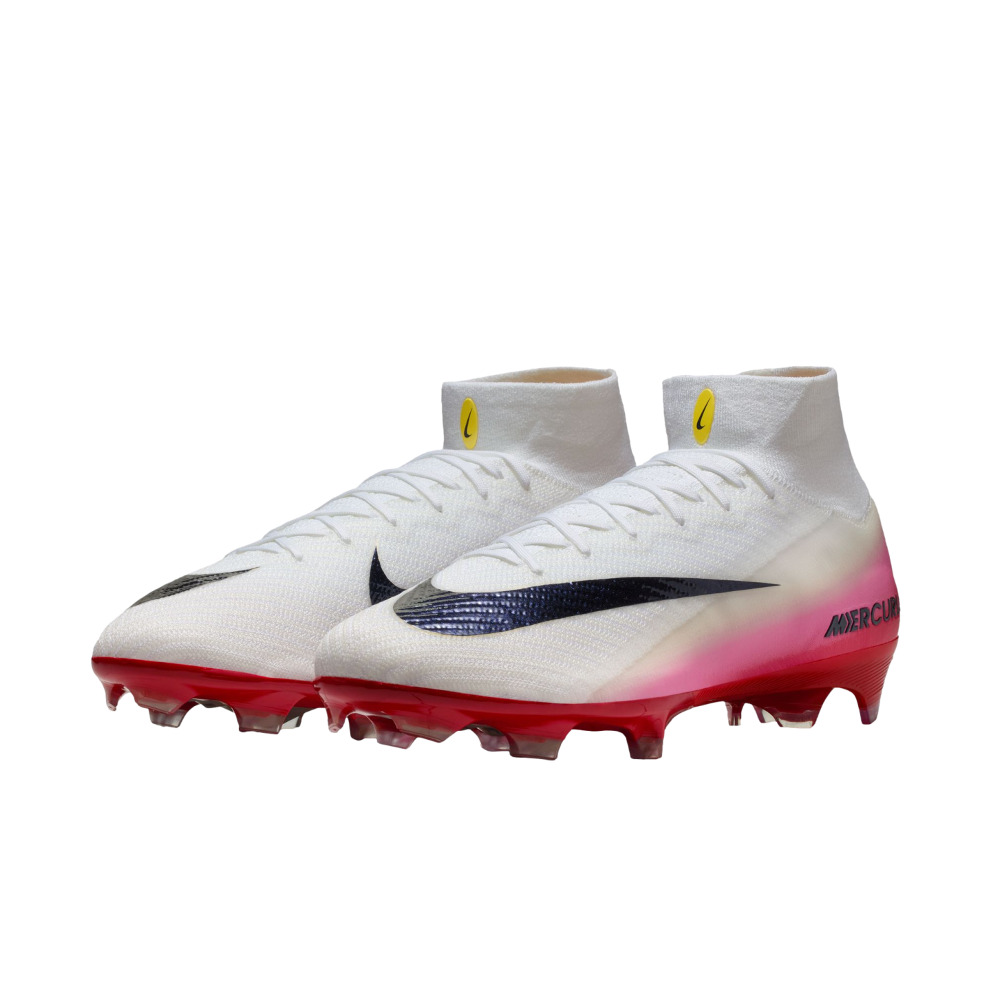A pair of white Nike Mercurial soccer cleats featuring black swooshes, high-top sock collars, and red-to-pink gradient soles.