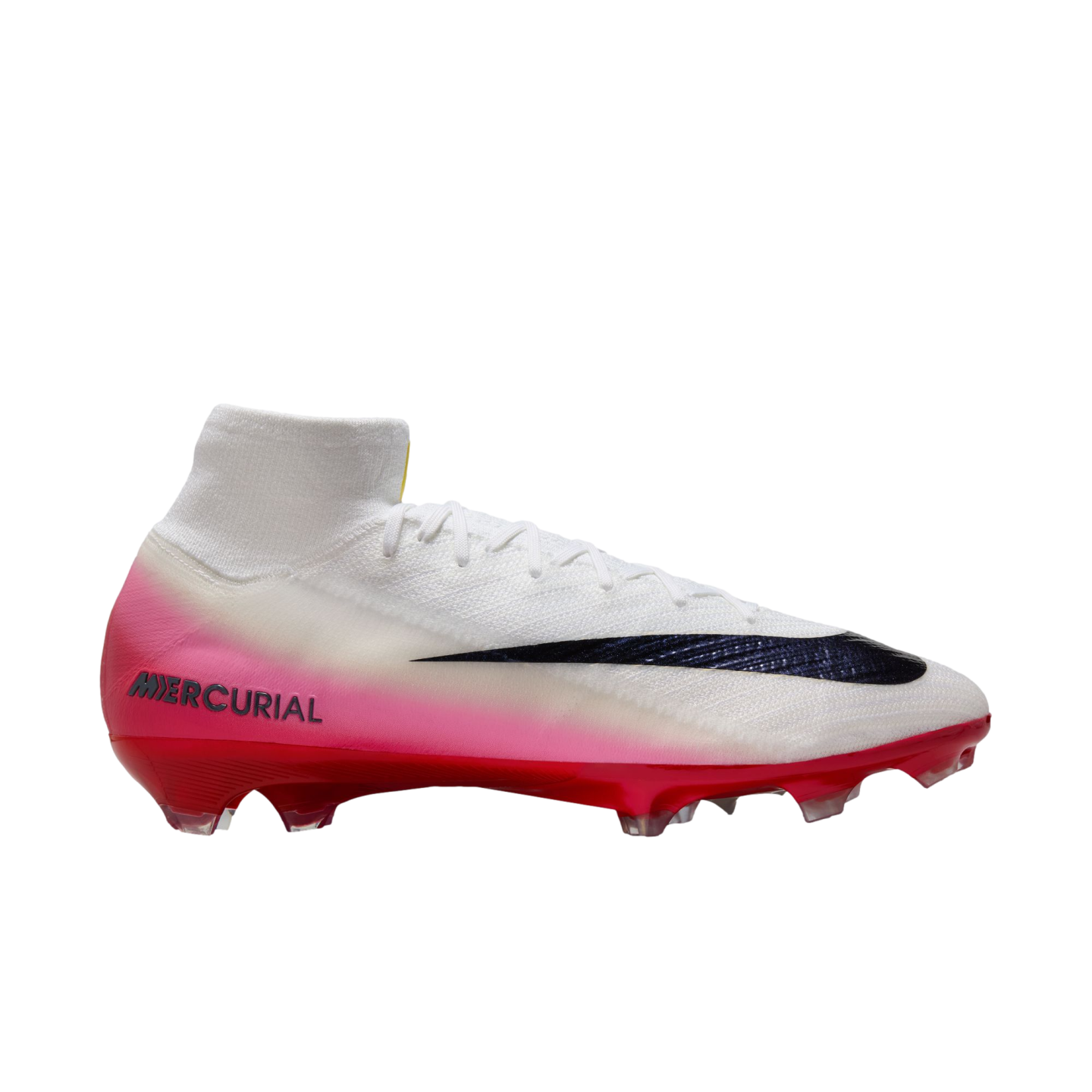 Side profile of a white Nike Mercurial soccer cleat with a pink and red gradient base, black swoosh, and high-top collar against a black background.