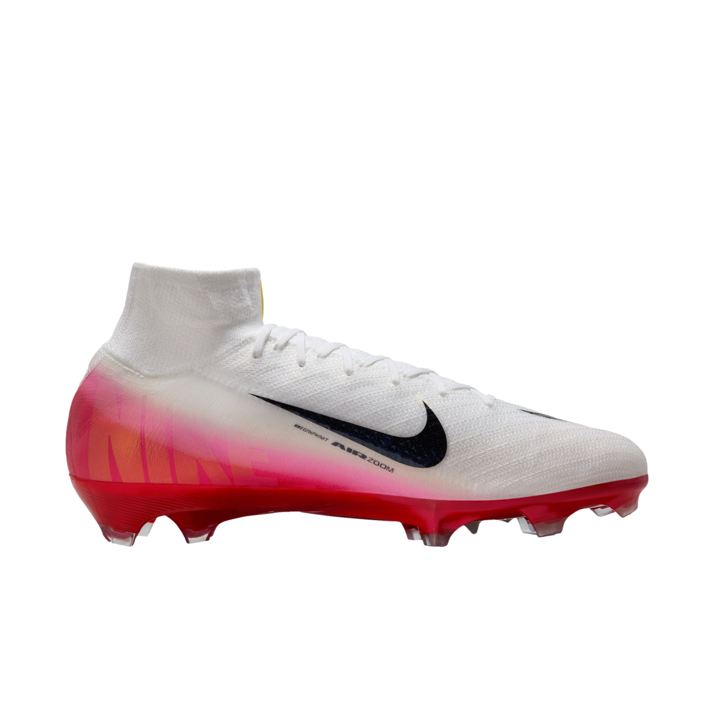 White Nike Air Zoom Mercurial soccer cleat with a black swoosh and pink-to-red gradient on the heel and soleplate. High-top sock collar, set against a solid black background.