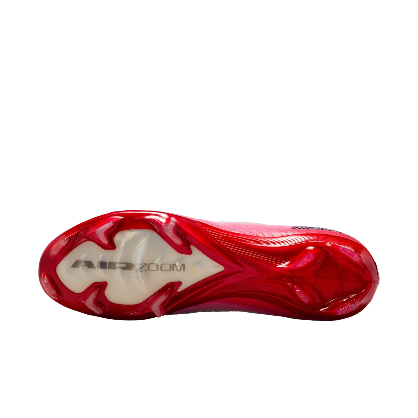 Bottom view of a red Nike soccer cleat showing its glossy red and white soleplate with the "AIR ZOOM" logo against a black background.