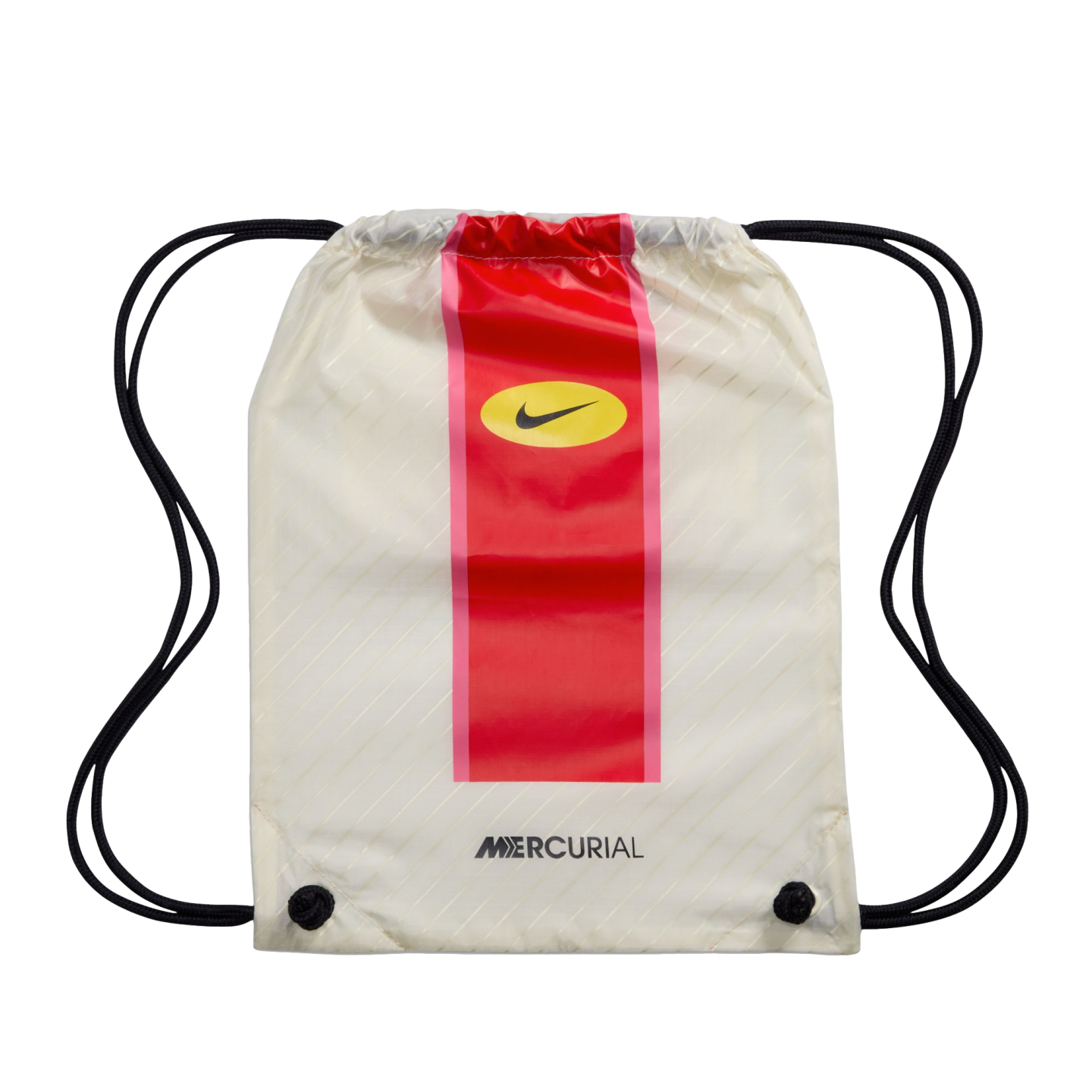 A white Nike Mercurial drawstring bag with a vertical red stripe, yellow swoosh logo, and black drawstrings against a black background.