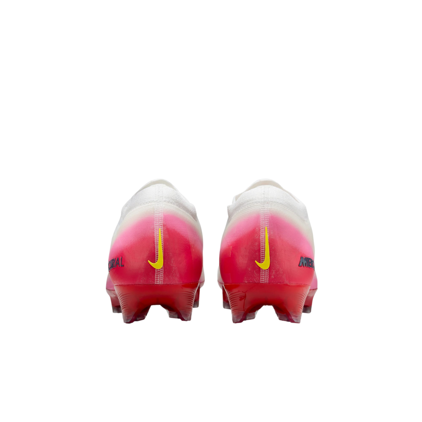 Back view of two Nike Mercurial soccer cleats featuring a white-to-pink gradient upper, yellow heel swooshes, and red studs.