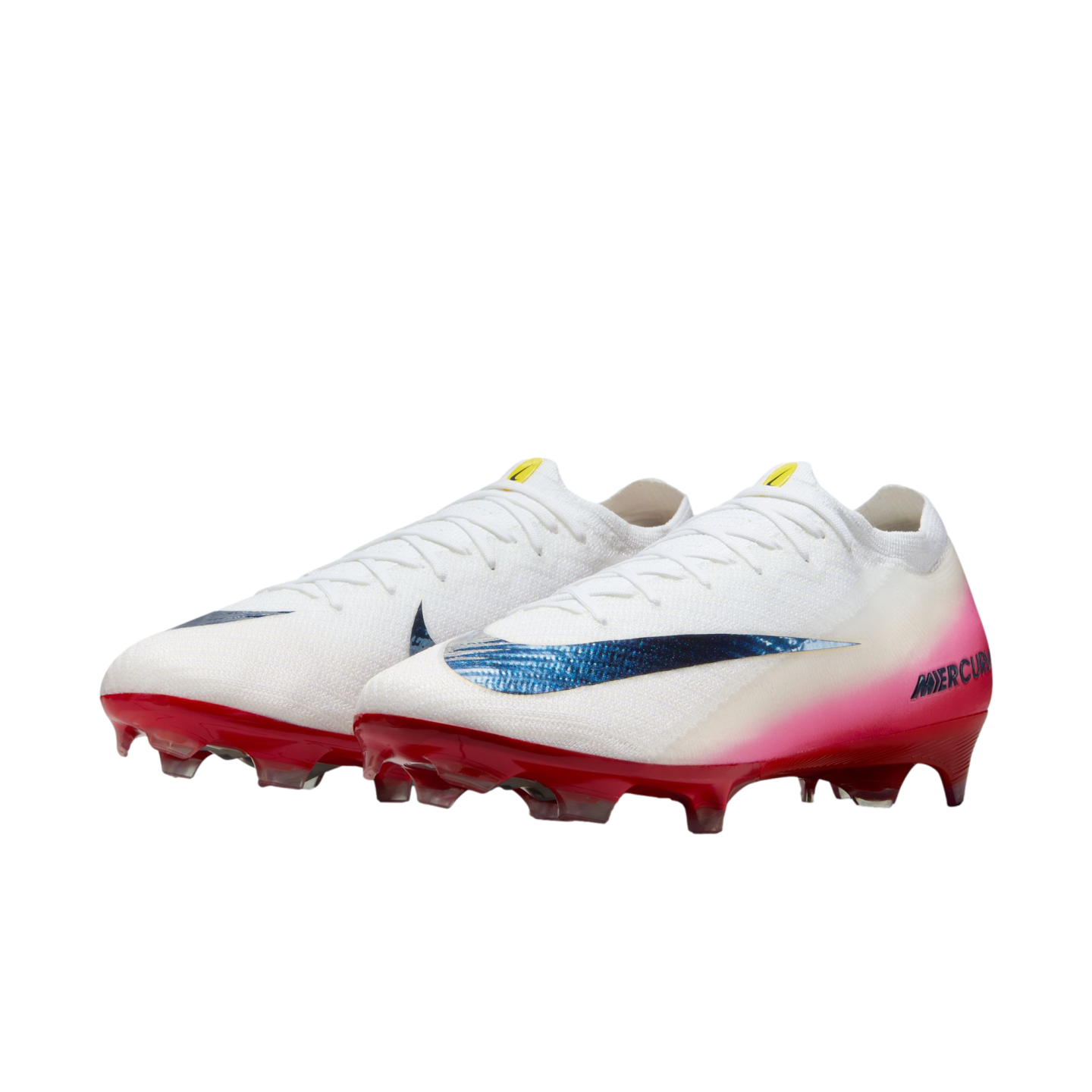 White Nike Mercurial soccer cleats with blue textured swoosh and pink-to-red gradient heel and soleplate.