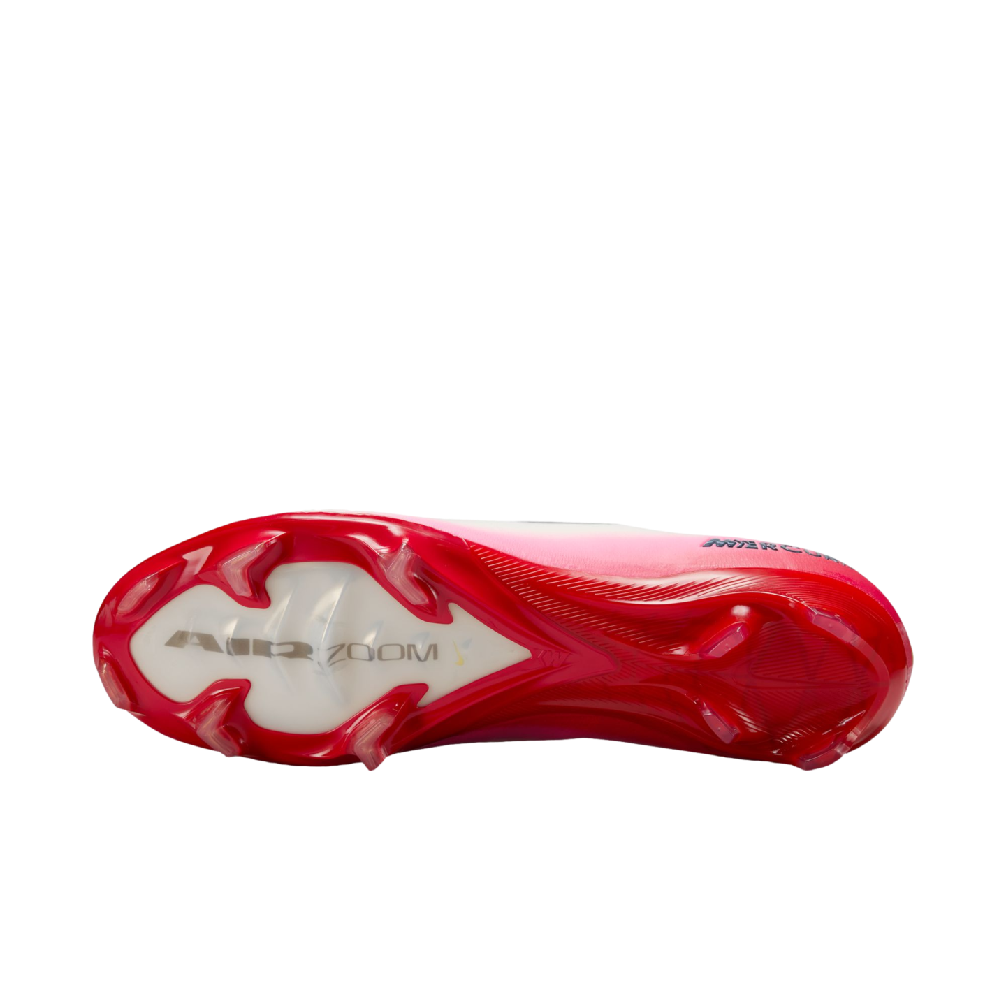 The soleplate of a pink and red Nike Mercurial soccer cleat with "AIR ZOOM" branding and red studs.