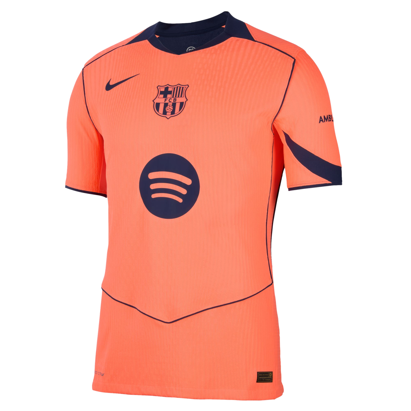 Orange FC Barcelona training jersey with navy blue accents, featuring the Nike swoosh, club crest, and Spotify logo on the front.