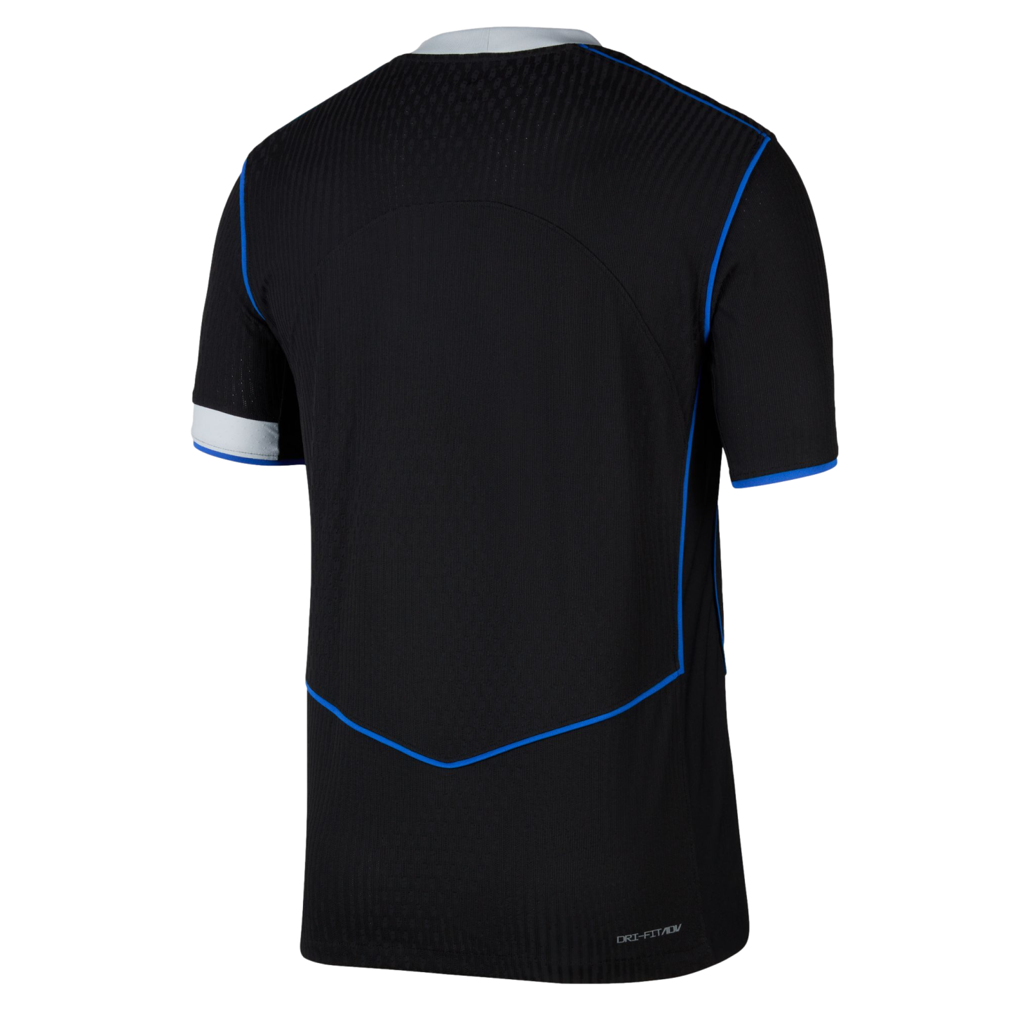 Rear view of a black short-sleeved jersey with blue piping details, a white collar, and one white sleeve cuff. DRI-FIT ADV branding is visible at the bottom hem.