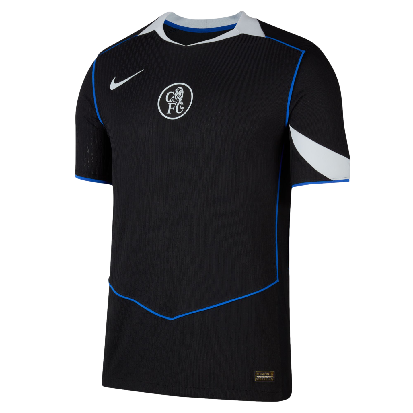 A black Nike Chelsea FC training shirt with a central crest, white details on the collar and sleeves, and thin blue piping.