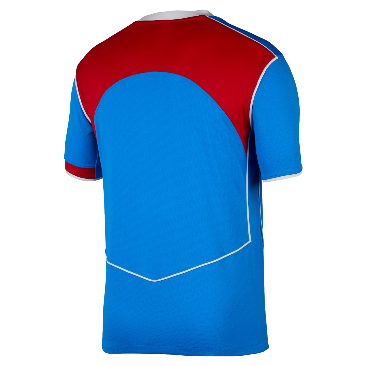Back view of a blue short-sleeved sports jersey with a red panel across the upper back and white piping details.